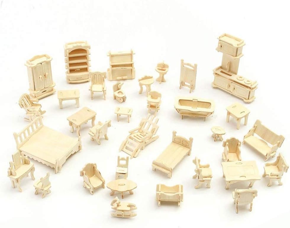 Cutoget 34 Pcs/Set 3D Wooden Miniature Puzzle Dollhouse Furniture Model Mini Puzzle Toys for Children Gift