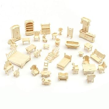 Cutoget 34 Pcs/Set 3D Wooden Miniature Puzzle Dollhouse Furniture Model Mini Puzzle Toys for Children Gift