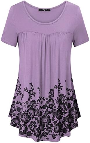 Laksmi Womens Short Sleeve Tops Floral Print Pleated Front Scoop Neck Casual Long Tunic Shirts (X-Large, Pink Violet)