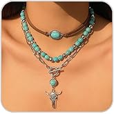 ANGLEQUEEN Western Necklaces for Women Turquoise Beaded Layered Chain Necklaces Boho Cowgirl Hat Boots Pendant Western Necklace Country Concerts Dresses Accessories