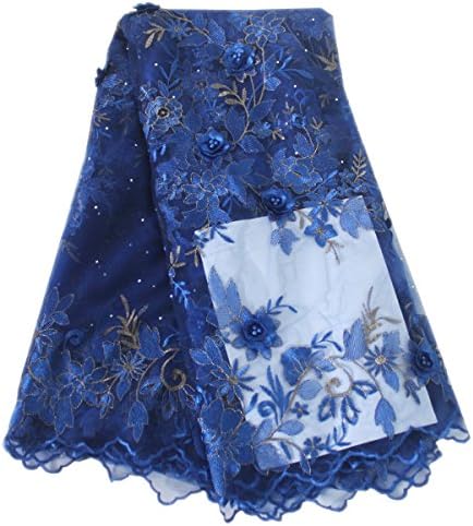 Lacerain 5 Yards African Lace Fabric Nigerian French Mesh Tulle Lace Fabrics Material Embroidery and Rhinestones Beaded Trim for Party Wedding Dress Skirt (Blue)