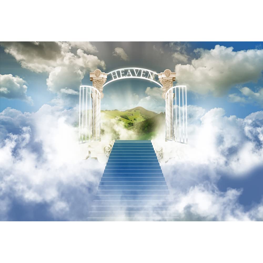 Aoihrraan 3,5x2,5m Heaven Backdrop Staircase to Heaven Paradise Gate Clouds Photography Background Easter Banner Church Event Pray Decoration Man Woman Adults Artistic Portrait Photo Studio Props