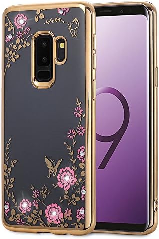 Galaxy S9 Plus Case, ZHFLY Shockproof Transparent Flowers Crystal Bumper Silicone TPU Gel Clear Bling Protective Rubber Soft Back Case Cover for Samsung Galaxy S9 Plus, Gold