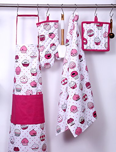 Set of Apron,Oven Mitt,Pot Holder, Pair of Kitchen Towels in a Valentine Cup Cakes Design, Made of 100% Cotton, Eco-Friendly & Safe, Value Pack and Ideal Gift Set, Kitchen Linen Set By CASA DECORS - Thumbnail 2