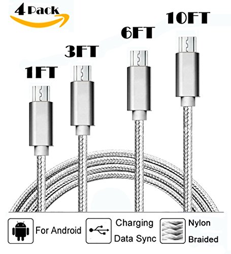 KinPond Micro USB Cable,[Variety Pack] [1FT/3FT/6FT/10FT] Extra Long Nylon Braided Android Charger USB to Micro USB Charging Cable Charger Cord for Samsung Galaxy, Sony, Motorola and More (4Pack)