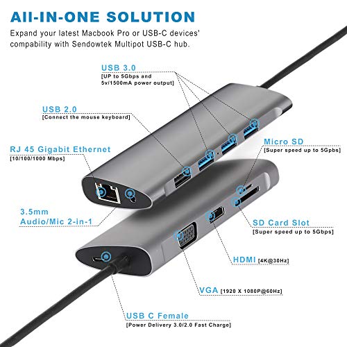 Hub Adapter for MacBook Pro, Sendowtek 11 in 1 USB C Adapter with Gigabit Ethernet Port, 87W PD 3.0, 4K HDMI VGA SD/TF Card Reader, 4 USB Ports Audio/Mic Port for MacBook Air, ChromeBook USB C Laptop
