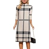 Womens Plaid Splicing Mock Neck Knit Sweater Dress Winter Long Sleeve Knee Length Tunic A-line Midi Dresses