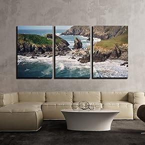 3 Piece Canvas Wall Art - Coast Landscape with Mountains and Sea Waves - Modern Home Art Stretched and Framed Ready to Hang - 16"x24"x3 Panels