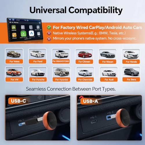 Carlinkit Mini Ultra 3 Wireless CarPlay Adapter, Wireless Android Auto Adapter, Convert OEM Wired to Wirelesss Dongle, USB-A/C Plug & Play, Auto-Connect, OTA Upgrade, Orange