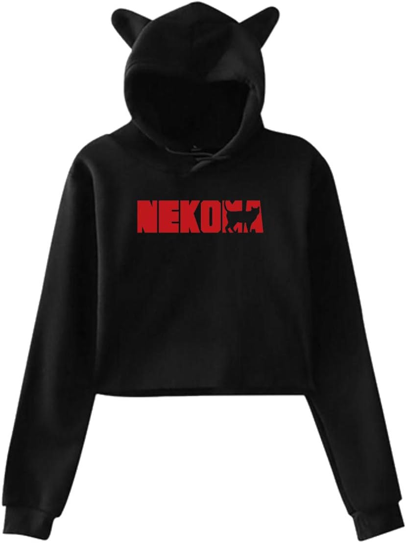 Haikyuu Nekoma Logo Shirt Women's Long Sleeve Cat Crop Top Hoodie Cat Ear Pullover Hooded Sweatshirt