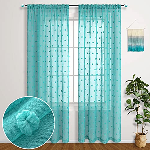 KOUFALL Teal Curtains 84 Inch Length for Bedroom 2 Panels Set,Sheer Boho Bohemian Pom Pom Summer Curtains for Living Room 84 Inches Long