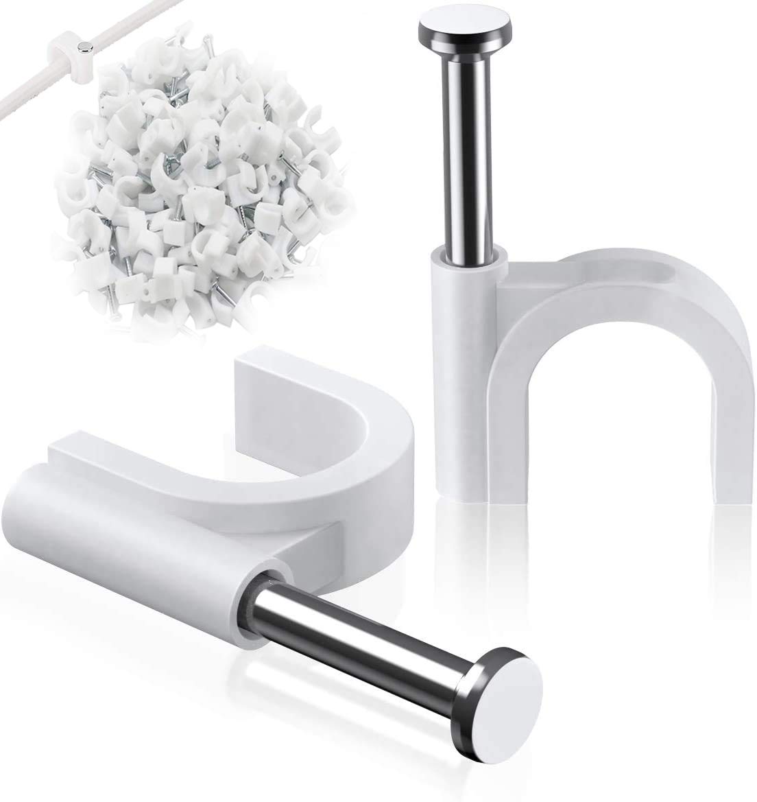 Round Cable Clips, 100Pcs 6mm Electrical Cable Wall Clip - Nail Clips Cable Management, Steel Nails Tacks Holder for Organizing Electric Wires Cables Line TV (White)