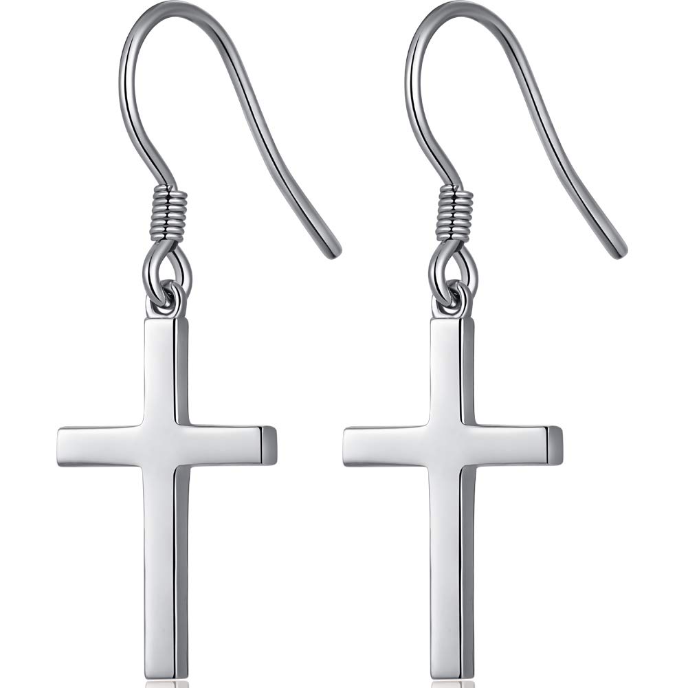 Sterling Silver Cross Drop Earrings - Simple Dangle Cross Hook Earrings for Women & Men