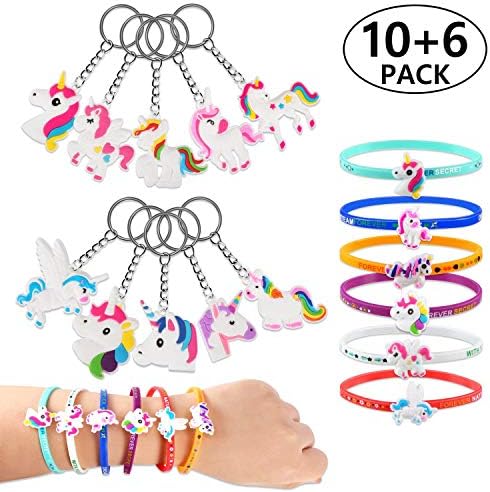 PAMIYO Keychains Bracelets, 10 Pieces PVC Rubber Keychains+ 6 Pieces Bracelets Wristband, Key Ring Pendants Party Supplies for Kids Children Gift