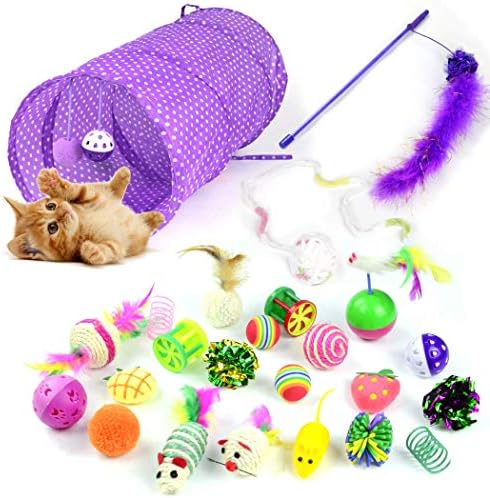 Whoobee Cat Toys Kitten Toys Assortments, Variety Pack for Catnip Toy, Cat Tunnel, Bell Crinkle Balls, Feather Wand, Cat Teaser Toy and Spring, Cat Toys Set for Cat, Puppy, Kitty, Kitten