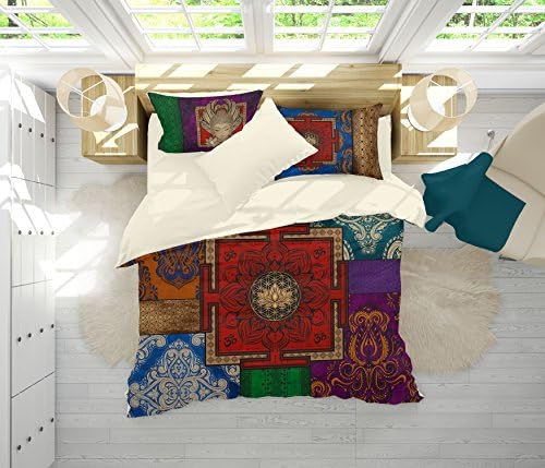 Boho Bedding, Sacred Yantra Seed of Life Duvet Cover Set, Buddha Om Mandala Duvet Cover Set, Spiritual Design Bohemian Bedroom Bed Set, Sacred Art Bedding (Cream, Queen (90" x 90"))