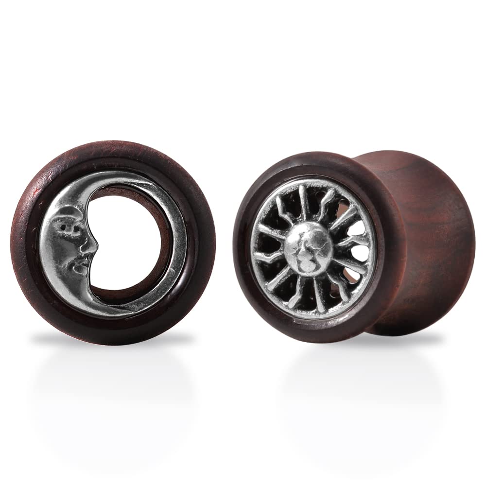 KUBOOZ New Tribal Sun & Moon Organic Natural Wooden Flesh Tunnels Double Flared Ear Stretcher Saddle Plug 8mm to 25mm