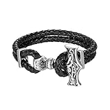 CHOMAY Stainless Steel Leather Bracelet Two-Tone 5mm Cowhide Viking Hammer Bangle Men 19.5cm