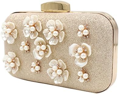 QIEEU Golden Frame Bead Flower Simple Design Fashion Clutch Handbag Purse Champagne