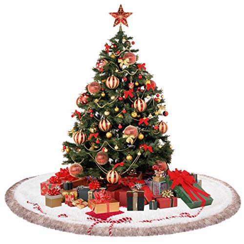 CELIVESGG 48" Luxury Christmas Tree Skirt with White Thick Plush Faux Fur Trim, Rustic Xmas Tree Holiday Decorations