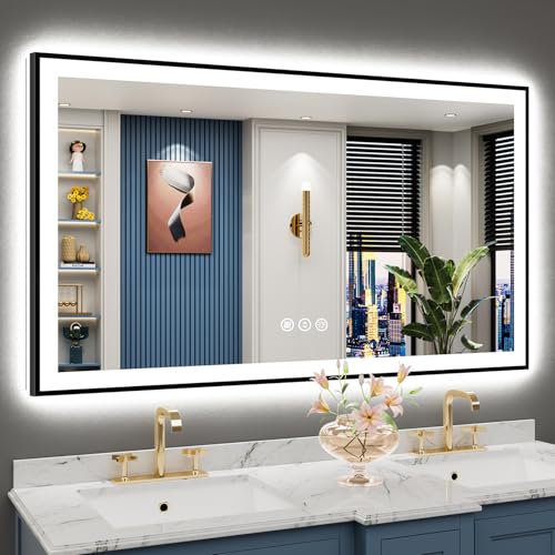 AWANDEE 55x30 LED Bathroom Mirror Black Framed