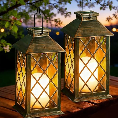 Joycome Outdoor Lanterns 2 Pieces Solar Garden Lantern with Flickering Candles, Solar Lamp Hanging Waterproof Table Lamps for Terrace Balcony Decorations – Copper