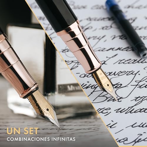 Wordsworth & Black Fountain Pen Set, 18K Gold Plated Medium and Extra Fine Nibs, 25ML Black Bottle, 6 Ink Cartridges, Refill Converter, Smooth Writing [Black and Rose Gold]