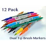 Dual Tip Brush Pen Set 12 PACK - Brush Tip &amp; Fine Tip - Watercolor Markers, Blending, Shading, Calligraphy, Drawing, Vibrant Colors Great For Adult Coloring