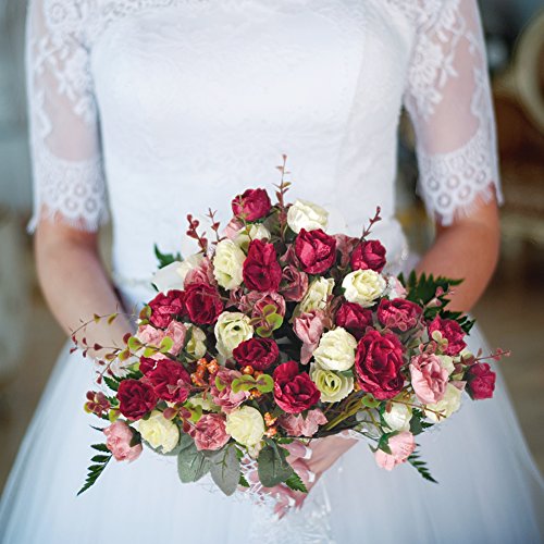 Hibery 7 Branch 21 Heads Artificial Fake Flowers Silk Rose Bouquet Wedding Home Office Floral Decor, Pack of 2 (White Pink) - Thumbnail 5