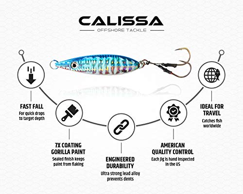 Calissa Offshore Tackle Flat Fall Jig ||| 80g 150g 250g 300LBS Assist Hooks 3/0 Butterfly ||| Vertical Knife Speed Lure Slow Pitch Fall || (Blue Mackerel, 250g)