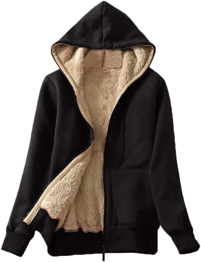 Leoy88 Women's Casual Winter Warm Sherpa Lined Zip Up Hooded Sweatshirt Jacket Coat