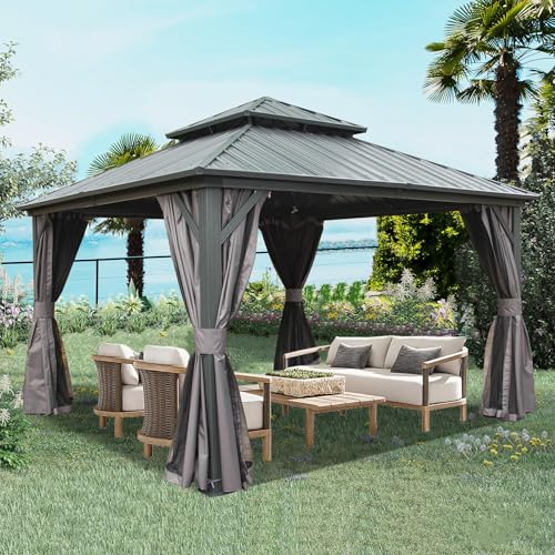 Domi 12x12 Hardtop Gazebo with Double Roof, Aluminum Frame, Curtains & Netting image 17