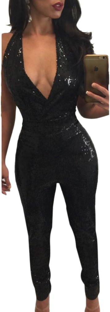 Womens V Neck Backless Sequins Jumpsuit Clubwear Party Romper Jumpsuit