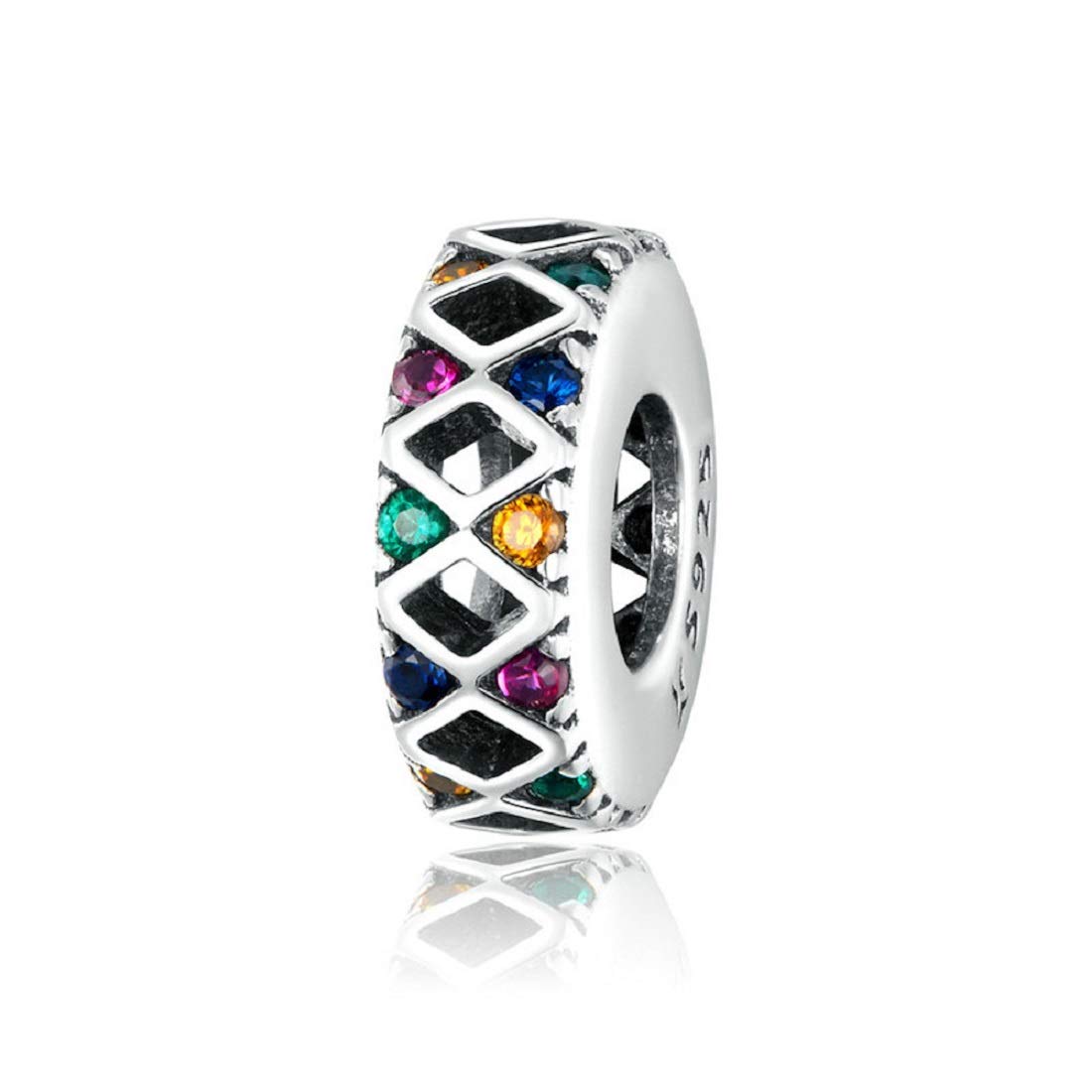 FeatherWish Rainbow Coloured Spacer Charm 925 Sterling Silver With Coloured Cubic Zirconia Compatible With Pandora Bracelet European 3mm Bracelets and Necklaces.