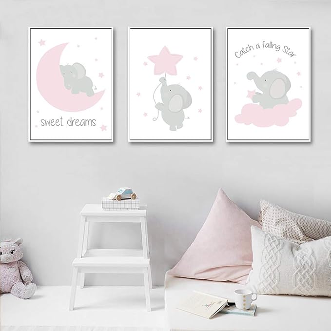 Lot De 3 Affiches Chambre Bebe Fille Elephant Citation Etoile Lune Nuage Murale Tableaux Decorations Peinture Sur Toile Baby Shower Cadeau Din A3 Sans Cadre Decoration Murale Decoration De Chambre D Enfant Neonwave Es