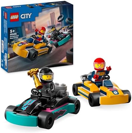 Lego city karts e pilotos de corrida, 2 minikarts de brinquedo, conjunto de construção com 2 minifiguras de motorista, carros de competição, presente para meninos e meninas de 5 anos ou mais 60400