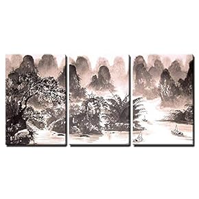 3 Piece Canvas Wall Art - Chinese Landscape Watercolor Painting - Modern Home Art Stretched and Framed Ready to Hang - 16"x24"x3 Panels