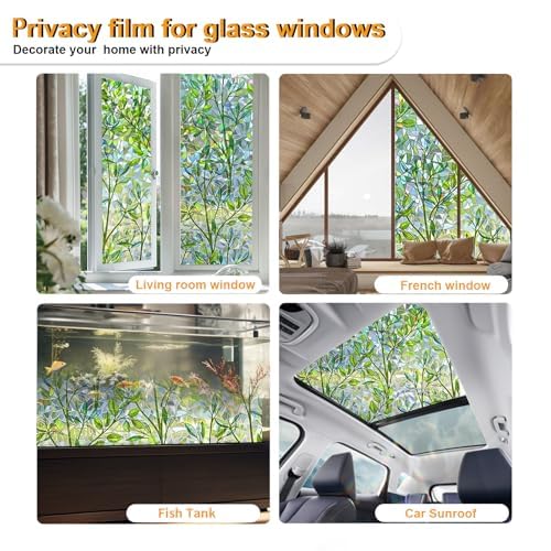 KOWVOWZ 3D Stained Glass Privacy Window Film, Green Leaves Door Film, UV Sun Blocking Window Films, Reusable 3D Decals Non-Adhesive Window Vinyl Stickers for Living Room Kitchen Office (44.5x200cm)