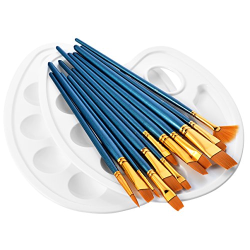 12 Pieces Paint Brushes, Atmoko Painting Brush Set with 2 Palettes for Watercolor, Acrylic & Oil Paintings, Perfect for Painting Canvas, Ceramic, Clay, Wood & Models, Great Gift for Kids, Artists