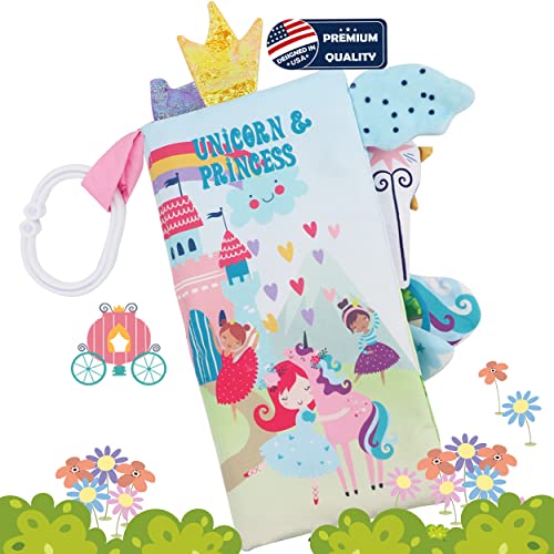 Unicorn Baby Books 0-6 Months Toys 6 to 12 Months, Touch Feel Cloth Crinkle Books for Babies,Infants, Soft Sensory Stroller Toys Baby Gifts Shower Items, Chweing Book, Easter Gift-Princess