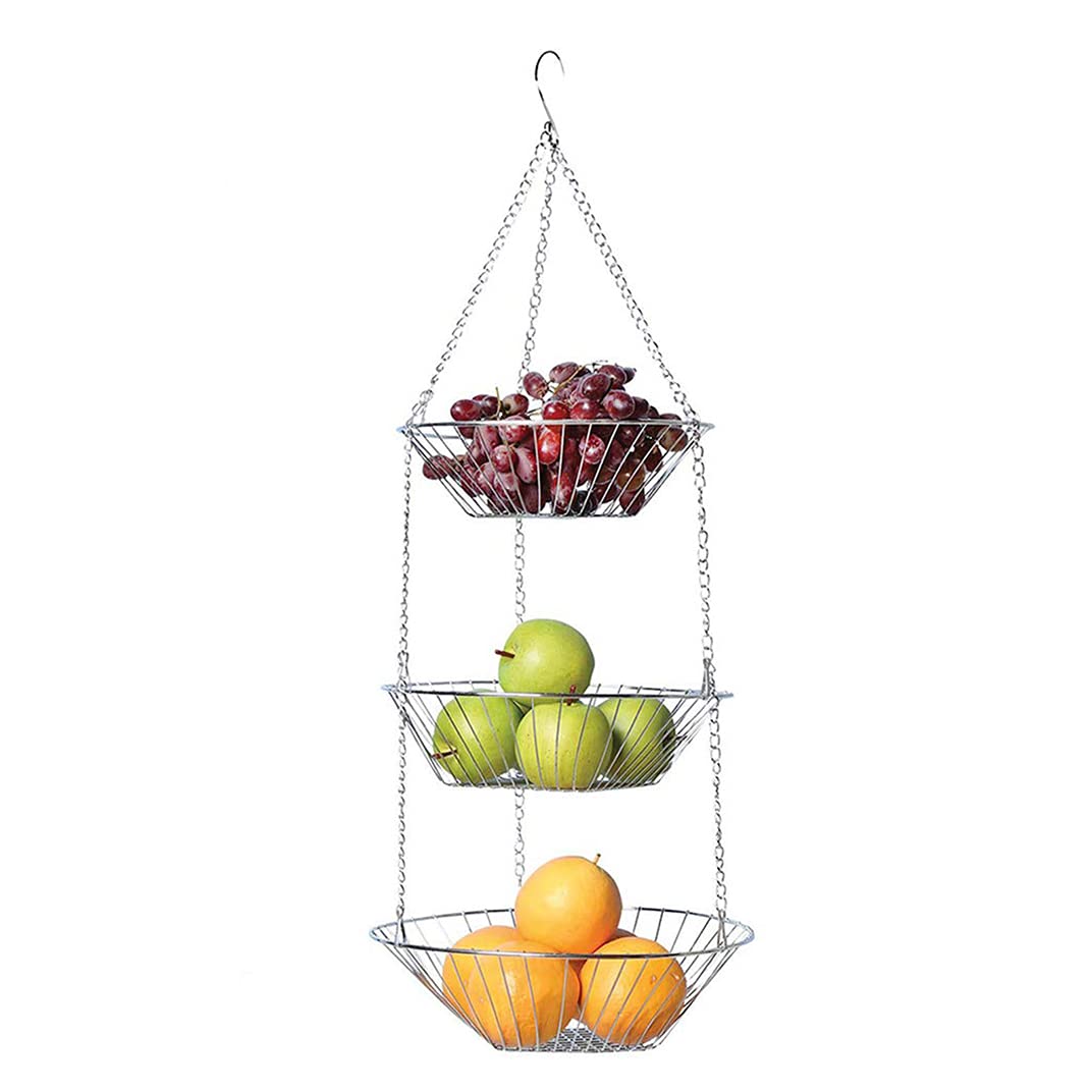 MEETOZ 3-Tier Hanging Basket Heavy Duty Wire, Vegetable and Fruit Storage –Wire Hanging Baskets for Kitchen Counter Space Saver, Round.