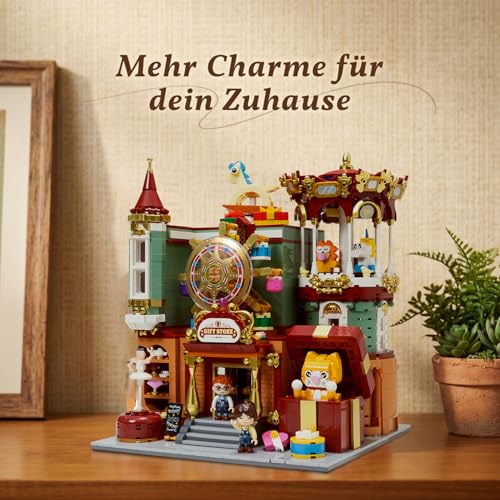 PANTASY Geschenkeladen Clamping Building Blocks Set for Adults, Motorised European Fairy Tale House with Carousel, Ferris Wheel, Hinged Back Panel and Detailed Interior, Modular Building Display