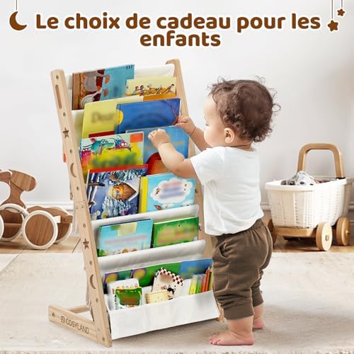 Bibliotheque Enfant en Bois Massif à 7 Niveaux - Etagere de Rangement pour Livres - Présentoir Livres Bebe avec Design Stable - Meuble Montessori pour Chambre d’Enfant (42.5 cm, Naturel)