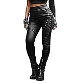 Nihsatin Fishnet Trim Lace Up PU Leather Pants Thin Lightweight Gothic Punk Leggings for Women