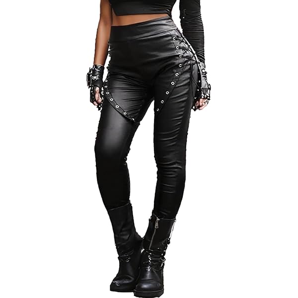 SOMTHRON Women's Lace Up PU Leather Pants Skinny Leggings