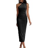 DRESSTELLS Women's Formal Wedding Guest One Shoulder Mesh Ruched Bodycon Cocktail Party Slit Maxi Dresses