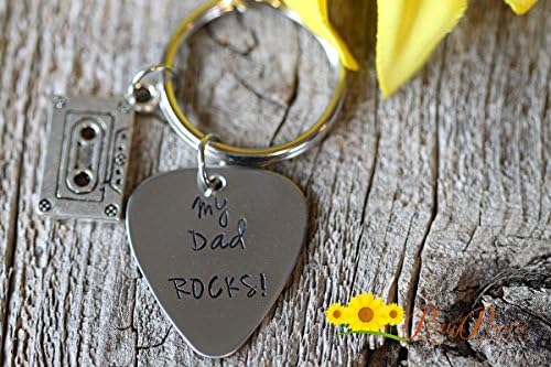 My Dad Rocks Keychain - Personalized Guitar Pick with Cassette Charm - Great Father's Day, Birthday or Christmas Gift for Dad
