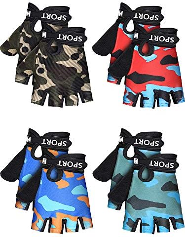 SATINIOR 4 Pairs Youngsters Half Finger Biking Gloves Non-Slip Sports activities Gloves for Summer season Outside Sports activities Kids Aged 4-8 Years (Assorted Camo Coloration)