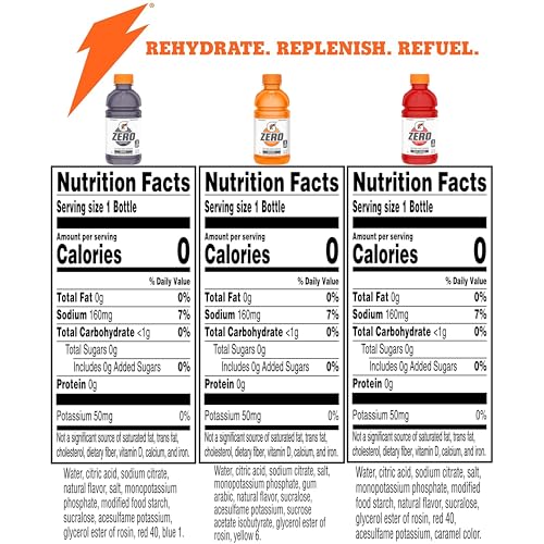 GATORADE G ZERO SPORTS DRINK, FRUIT PUNCH, ORANGE, GRAPE VARIETY PACK, 12 FL OZ (PACK OF 18)