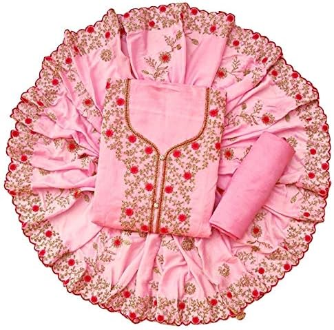 Women's Silk Cotton Embroidered Dress Material (Pink Color_Free Size)